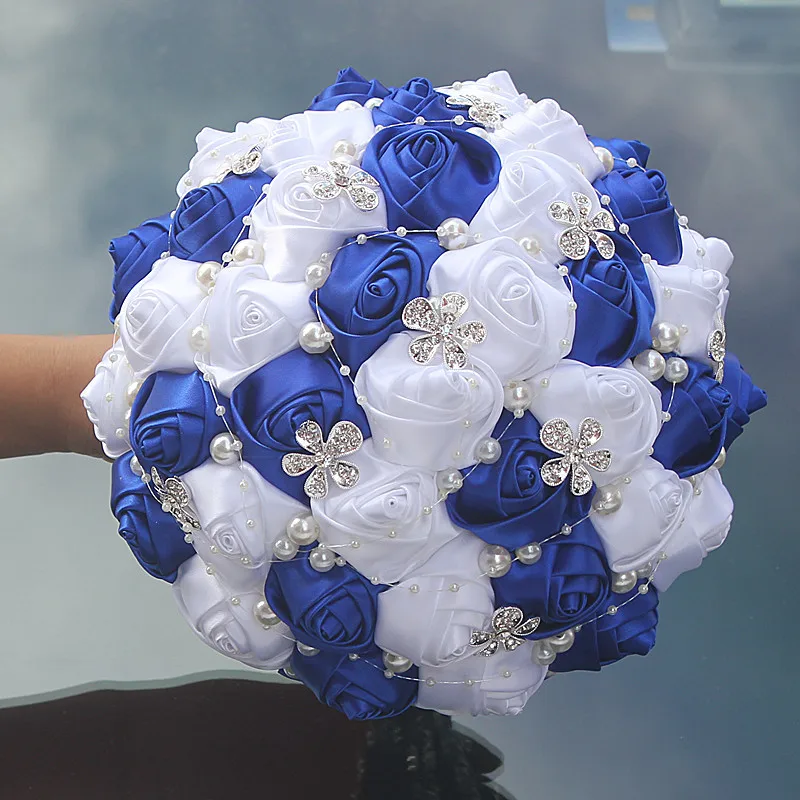 Korean Bride Wedding Bouquet Luxury Diamond Pearl Sapphire Blue + White Silk Rose Handmade Bridesmaid Bouquet W224