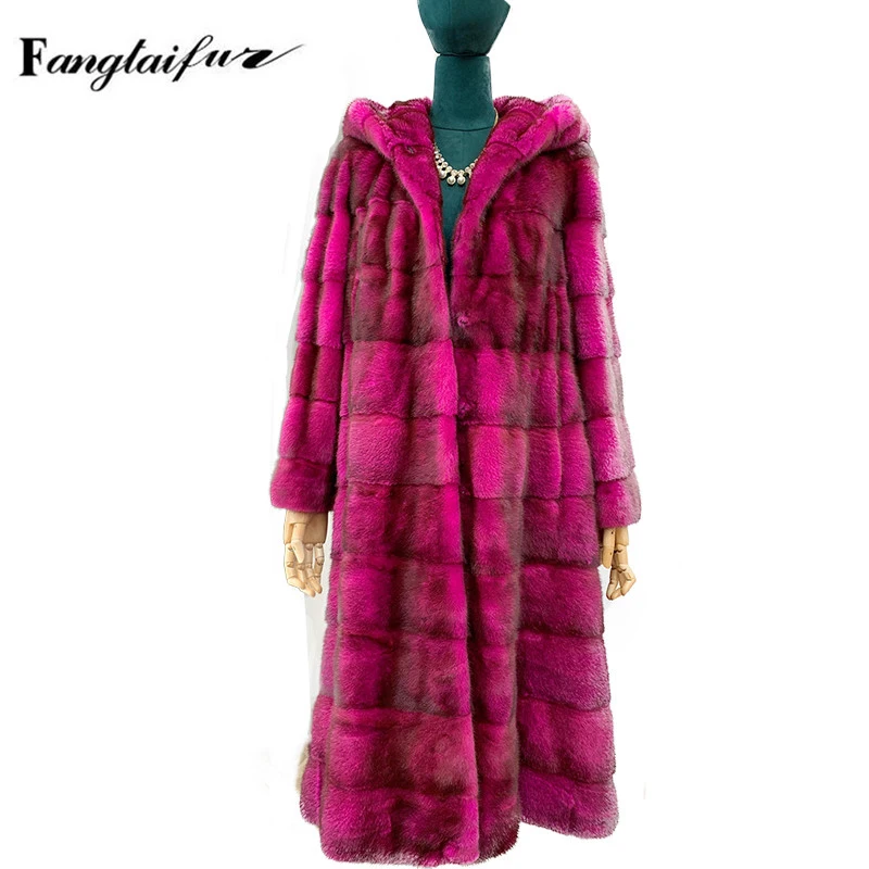 

Fang Tai Fur Winter Women Import Velvet Mink Fur Coat Wave Cut With Fur Hood Mink Coats Women's X-Long Real Mink Fur Coats