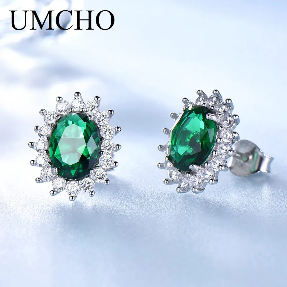 

UMCHO Princess Diana Earrings 925 Sterling Silver Jewelry Created Russian Emerald Classic Stud Earrings For Women Wedding Gifts