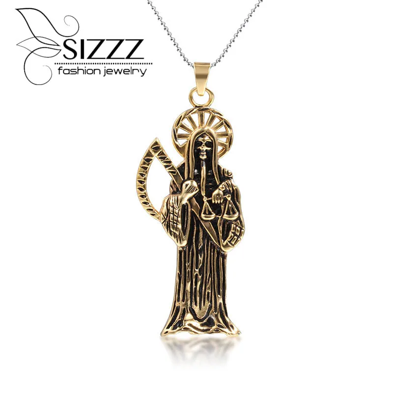 Hip Hop Vintage Holy Saint Death Santa Muerte Skull Biker Pendant Golden Necklace Stainless Steel Man Women Religious Jewelry