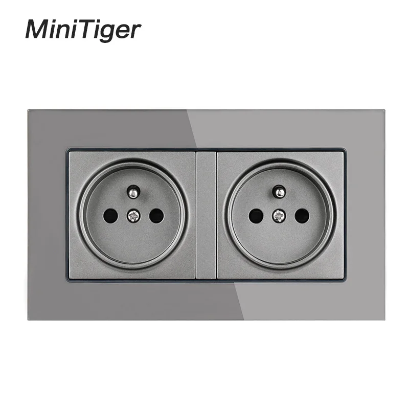 Minitiger 16A Double French Standard Wall Socket Crystal Glass Panel Power Outlet Grounded With Child Protective Door Grey Black