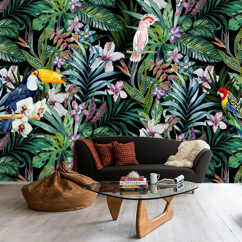 Custom mural watercolor flowers and birds wallpaper 3d tropical rain forest oil painting restaurant sofa background  home decor