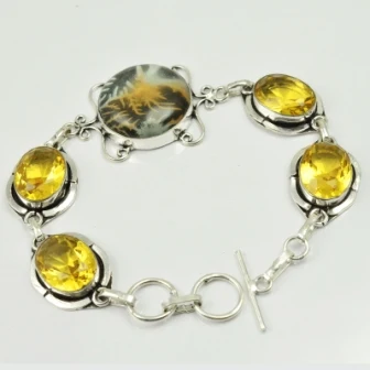 Dichroic Glass & Citrines   Bracelet  Silver Overlay over Copper , 22 cm,   B2189