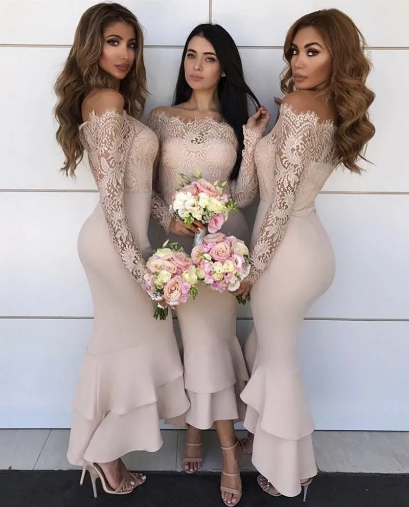 

Champagne Color Boat Neck Long Sleeve Lace Satin Ankle-Length Mermaid Bridesmaid Gown Sexy Lace Bridesmaid Dresses Fast Shipping