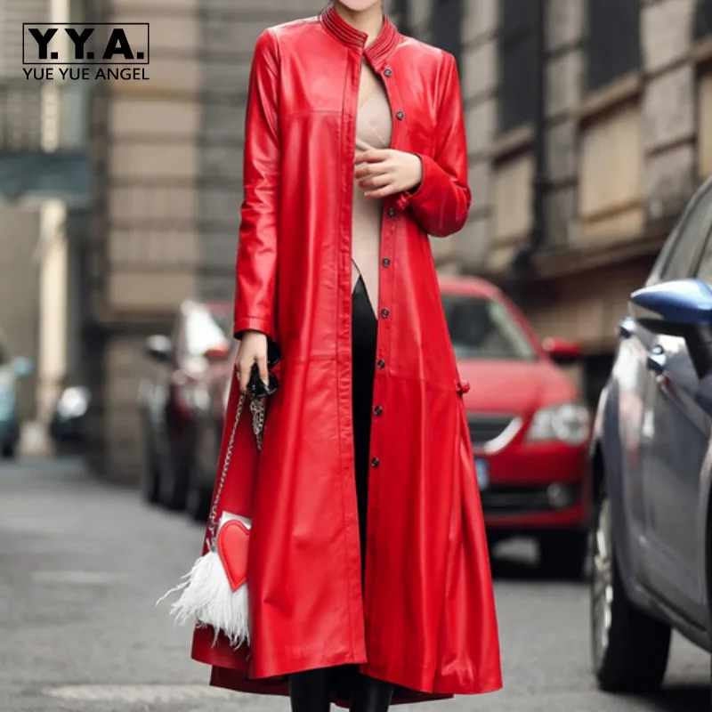 High Quality New Vogue Long Pu Leather Overcoat Jaqueta Couro Feminina Euro Fashion Black Streetwear Casaco Women Trench Coats