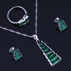 Fascinating Trapezoid Green Cubic Zirconia Silver Plated Jewelry Sets Earrings Pendant Chain Ring V0962