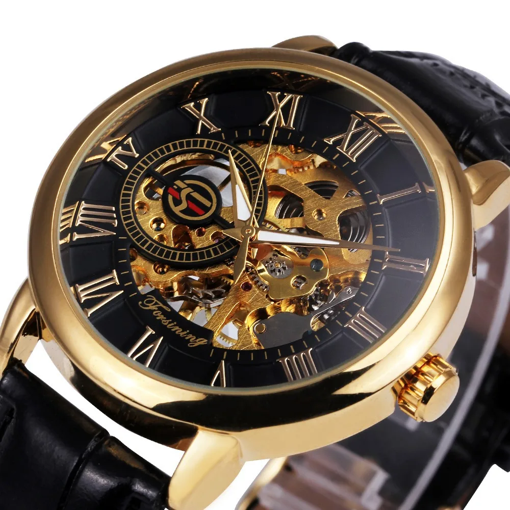 2019 Forsining Top Brand Hollow Engraving Black Gold Case Leather Skeleton Mechanical Business Watches Men Luxury Heren Horloge