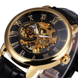 2019 Forsining Top Brand Hollow incisione custodia in oro nero scheletro in pelle orologi da lavoro meccanici da uomo Luxury Heren Horloge