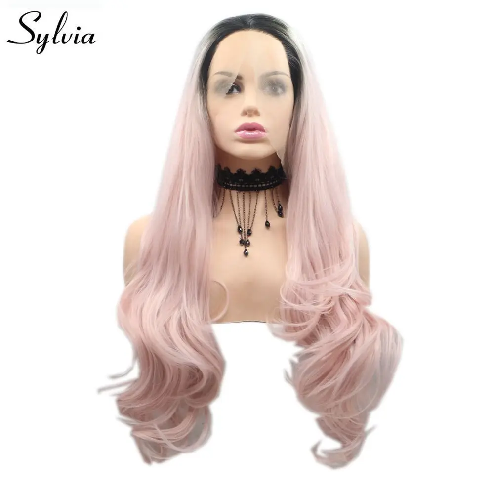 Sylvia Ombre Pink Hair Synthetic Lace Front Wig Long Body Wave Wigs Dark Root Heat Resistant Free Part Cosplay Wig Natural Hair