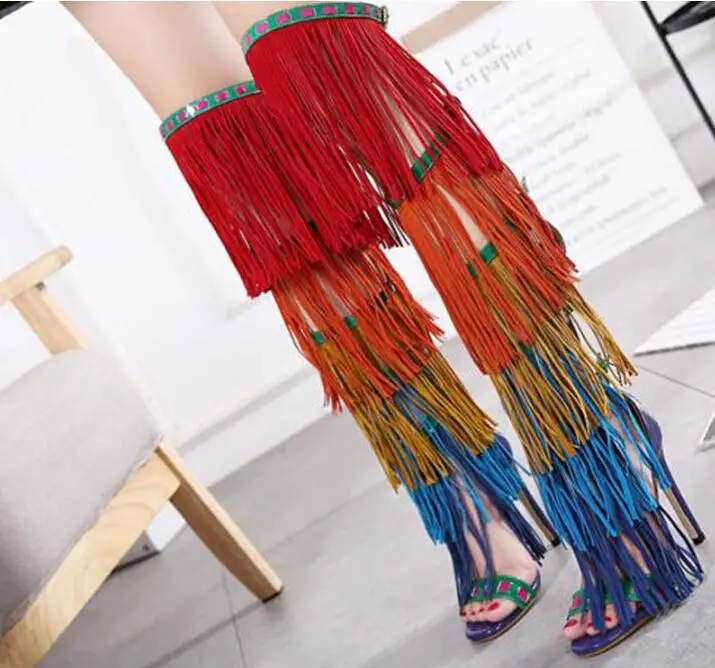 

Novelty Suede Leather Mix-color Tassels Sandals Boots Fashion Open Toe Over Knee Gladiator Boots Charming Fringes High Heel Boot