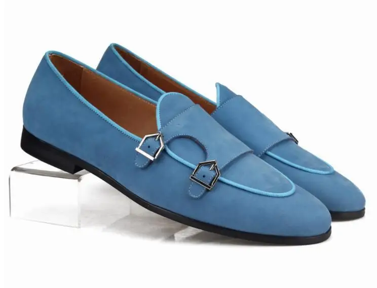 

Blue Suede Shoes Loafers Men's Moccasins Casual Shoes Flats Dress Shoes Double Buckles Wedding Shoes Large Size