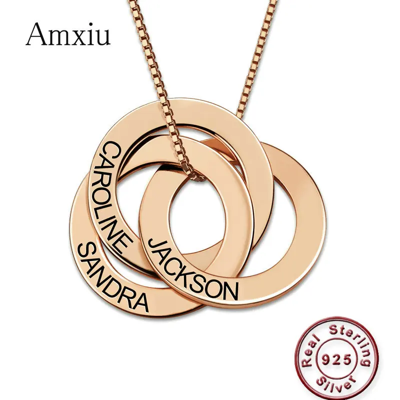 Amxiu Custom 100% 925 Sterling Silver Necklace Engrave 2-5 Names Russian Circle Necklace For Women Men Gift Personalized Jewelry