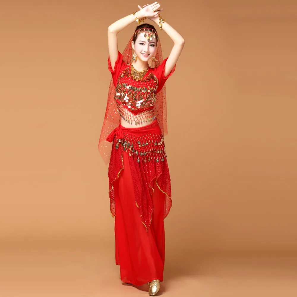 New Belly Dancer Costume 4 Pcs Top&Pants&Waist Chain&Veil Dancewear Belly Dancing 6 Colors Roupa De Danca Do Ventre DQ1050