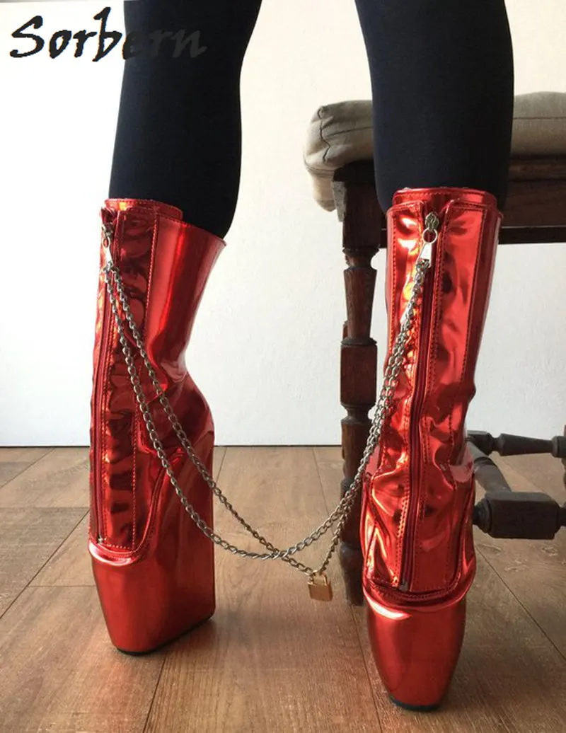 Sorbern Metallic Red Ankle Boots For Women Ballet Wedges Short Boots With Chains Locks Bdsm Shoes Females Botines Mujer 2019