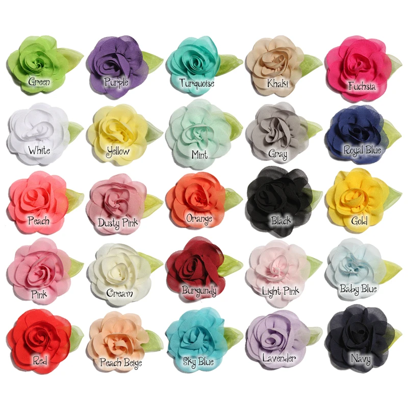 

120PCS 5.5cm Newborn Fashion Rolled Fabric Flowers with Leaves for Hair Clip Cute Chiffon Hair Flowers for Kids Hair Accessories