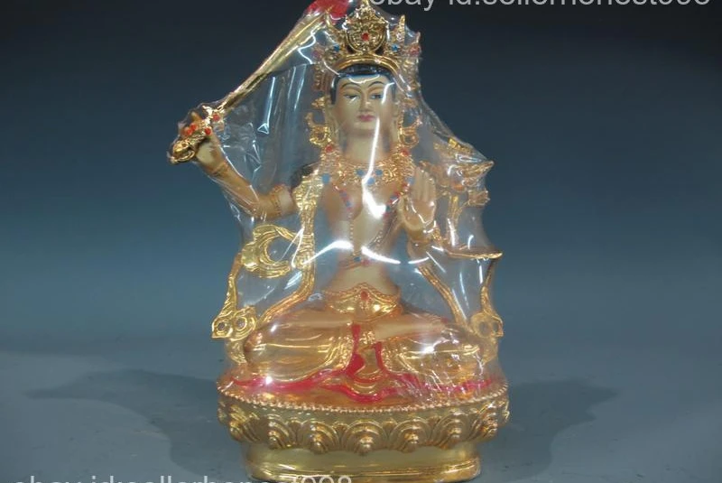 Tibet Buddhism craftwork Manjushri Manjusri Bronze painted Gilt Guanyin statue