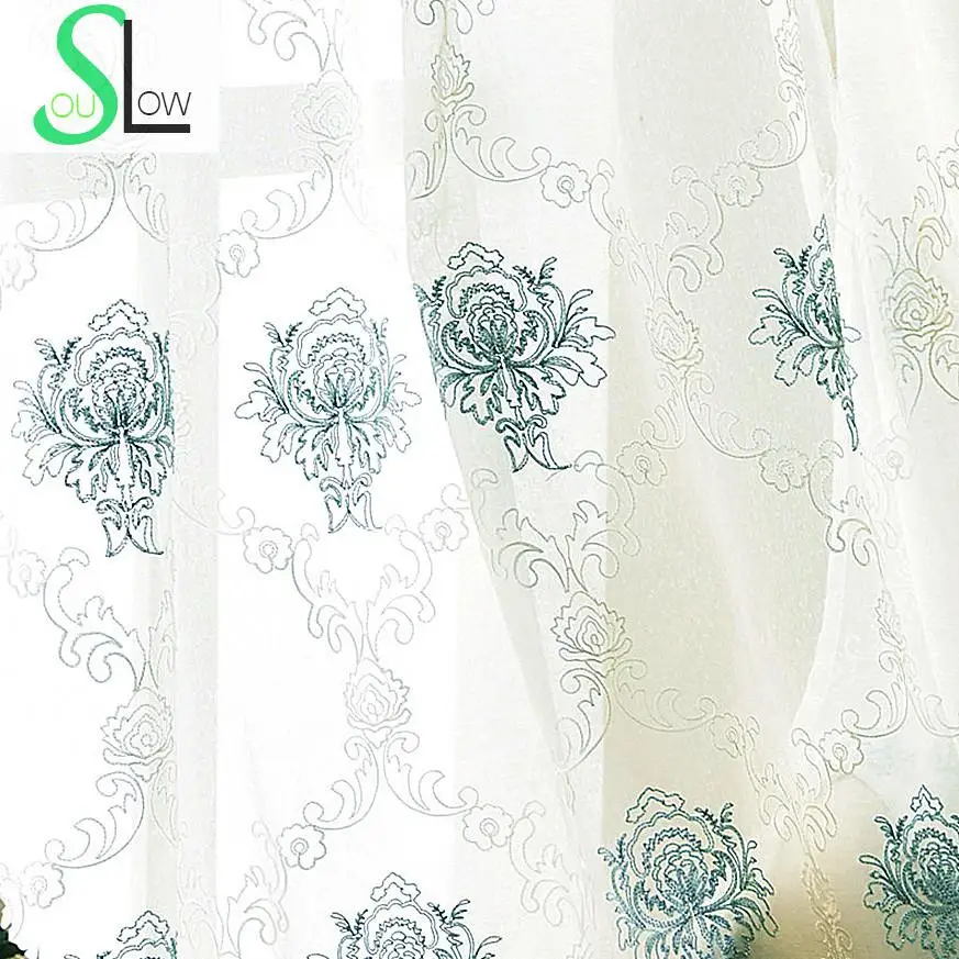 

Slow Soul Blue European Curtain Cotton White Embroidered Floral Curtains Tulle Cortinas For Living Room Kitchen Bedroom Sheer