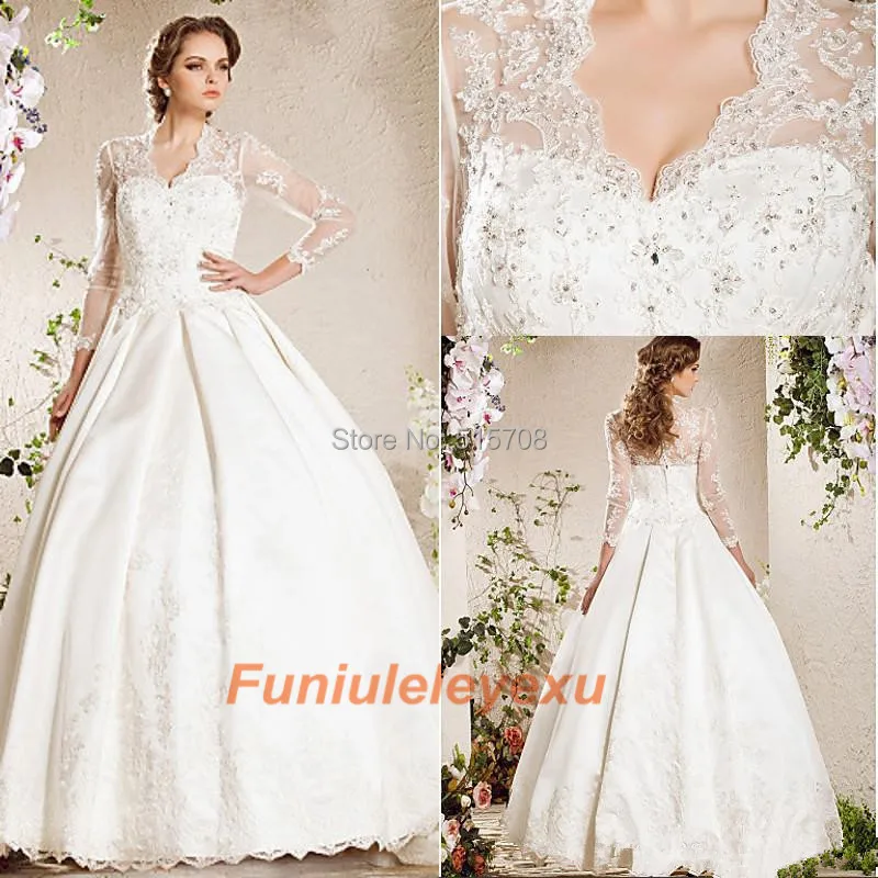 Elegant Ball Gown Long Sleeve V Neck Floor Length Beading Crystal Lace Satin Bridal Gown 2014 Newest Wedding Dress