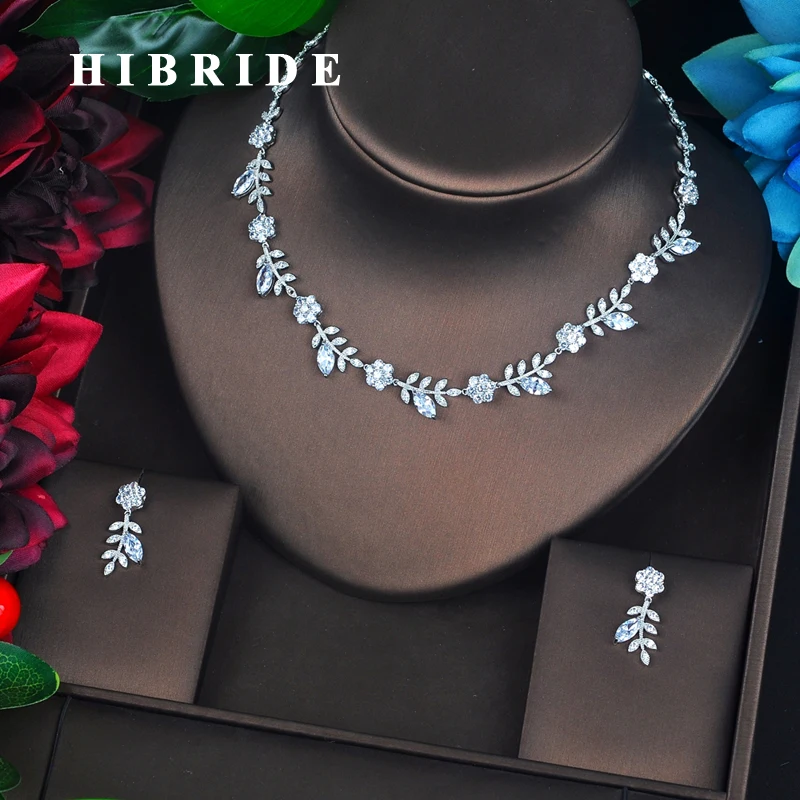 HIBRIDE Clear Cubic Zirocn Bridal Jewelry Sets For Women Wedding Accessories Gold Necklace Set Pendientes Mujer Moda N-700