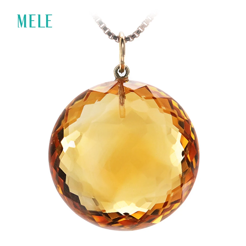 18K Gold Crystal Pendant Natural Yellow Citrine 18KGold Pendant Real 18K Gold  Big Round 18mm Deep Color shine beautiful cutting