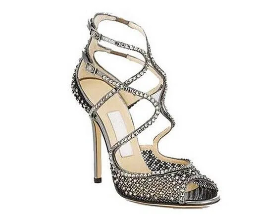 

Women Peep Toe Mesh Crystal Cross Tied Buckle Thin High Sandal Elegance Shining Wedding Banquet Shoes