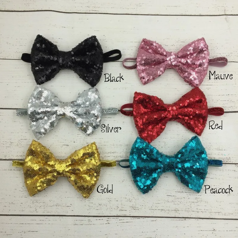 

5PCS Newborn Handmade Luxe Kids Shiny Sequin Bow Headbands With Glitter Elastic Band For Girls Hair Accessories