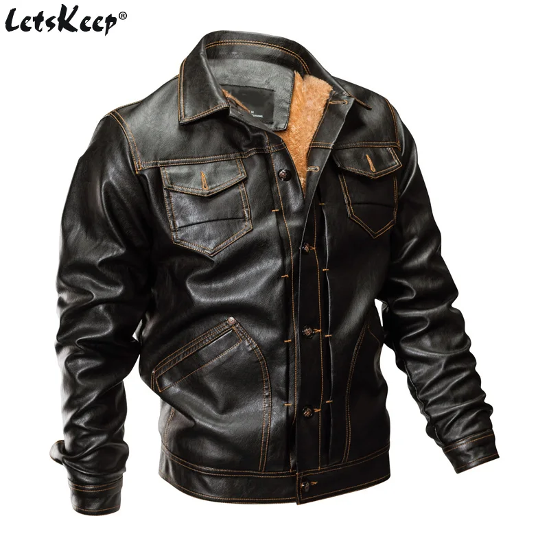 

LetsKeep Mens Fleece Faux Leather Jacket Men PU Winter Retro Jackets Coat Mens Multi pocket Waterproof Jacket Plus size, MA506