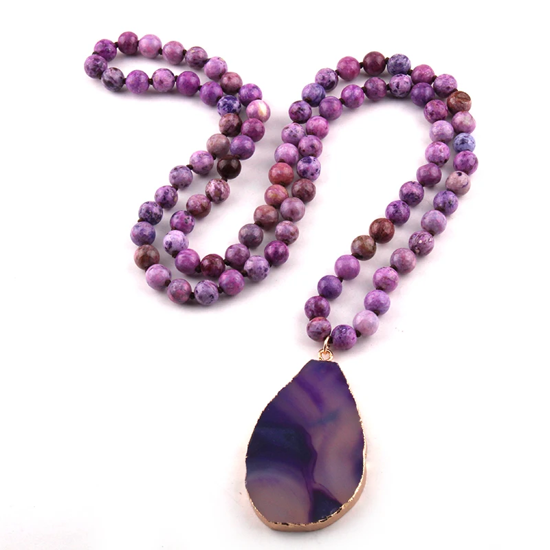 Fashion Semi Precious Stones Long Knotted Stone Agat Drop Pendant Necklaces Women Ethnic Necklace