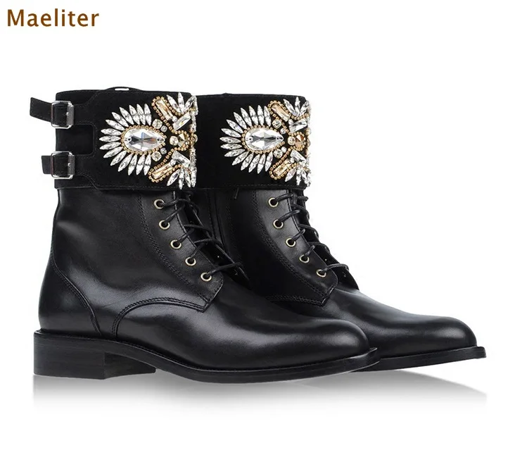 

Ladies Fashionable Black Ankle Casual Boots Bling Bling Crystal Dress Boots Glittering Beaded Buckle Booties Motorcycle Boots