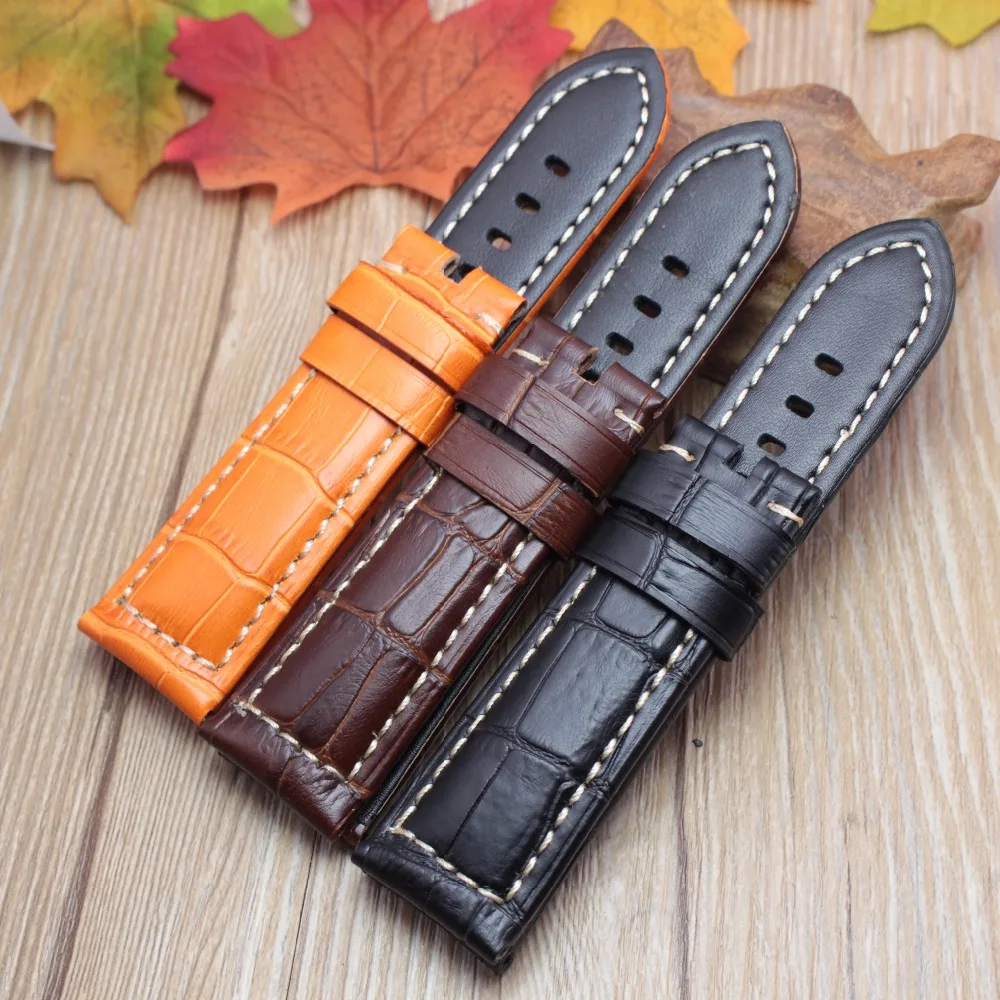 Retro Genuine Leather Watchbands Strap Men Handmade Double Thread Stitching Watch Band 22mm 24mm Wristwatches Belt Accessories