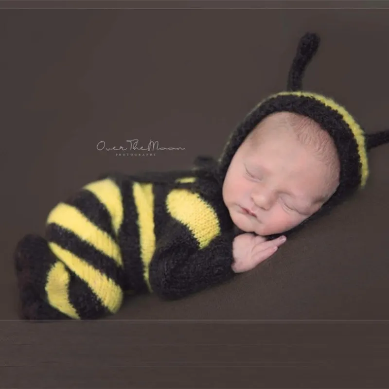 Newborn baby mohair photography props,baby soft bee bodysuit with hat full set,baby photography jumpsuits props