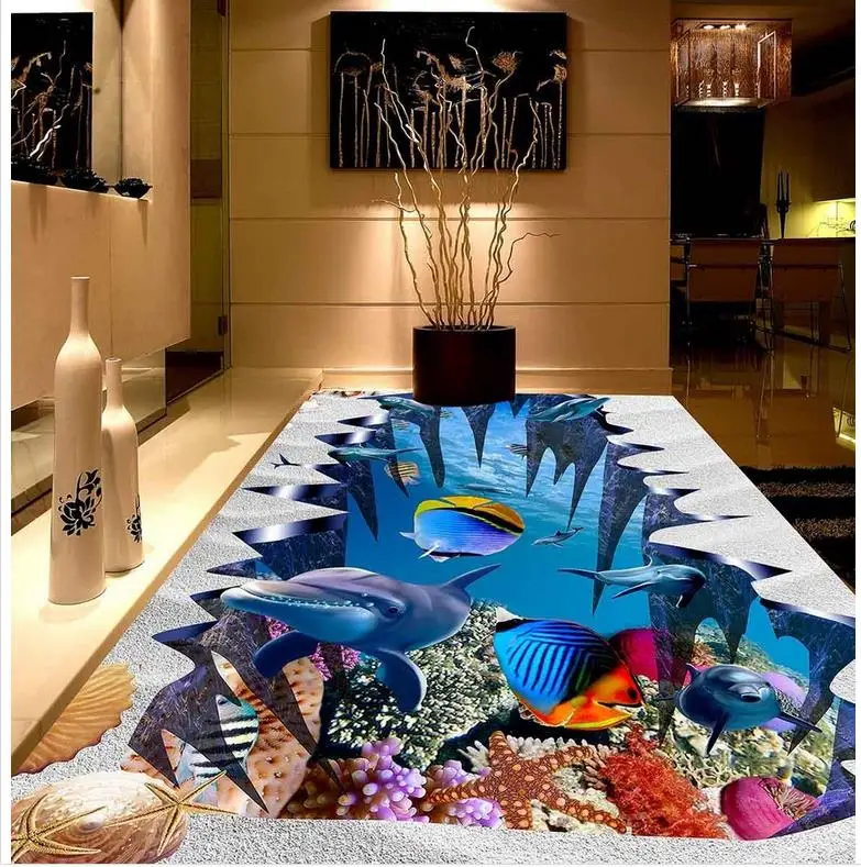 

PVC Wall paper self-adhesive Floor mural Underwater World Dolphin Beach Fish Custom Photo Floor 3D Wallpaper Modern Art