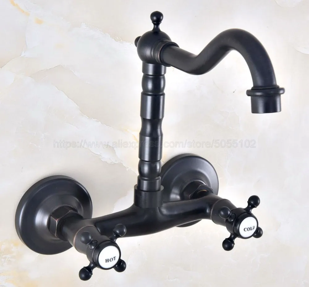 

Oil Rubbed Bronze Dual Handles Bathroom Kitchen Sink Faucets Wall Mounted Swivel Spout Two Holes Kitchen Mixer Taps znf459