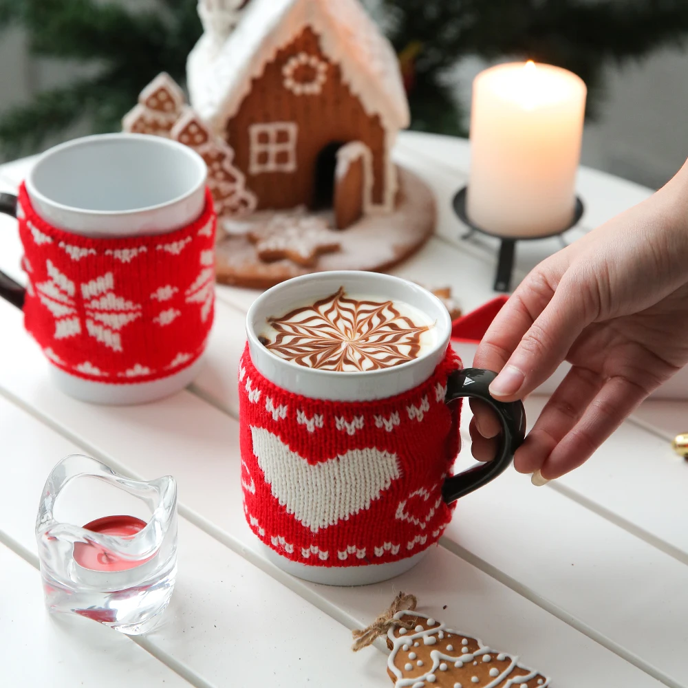 Merry Christmas Gifts Creative Cute Sweater Red Heart Tree Ceramic Mugs With Black Handgrip Office Water Coffee Milk Cups 400ML