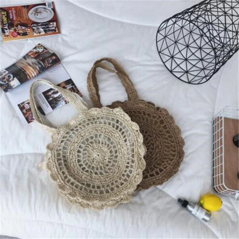 Bohemian Straw Bags for Women Circle Beach Handbags Summer Rattan Shoulder Bags Handmade Knitted Travel Big Totes Bag New