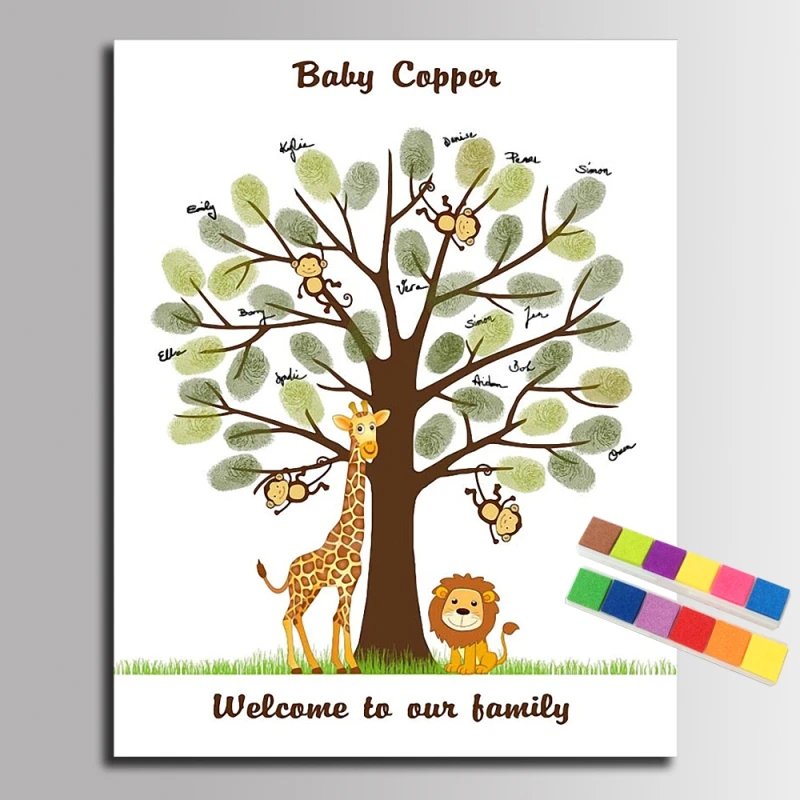 Baby Shower Fingerprint Tree Giraffe Lion Canvas Painting Guest Book Cartoon Communion Souvenir Wall Poster For Party Decor