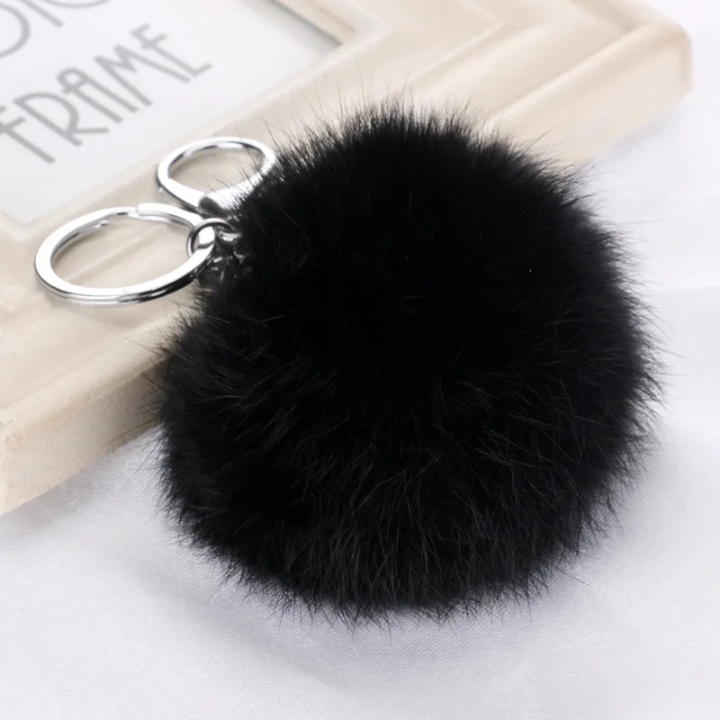 8cm Cute Fluffy Real Rabbit Fur Ball Pompom Key Chain Ring Fur Women Bag Car Charms Trinket Jewelry Party Gift