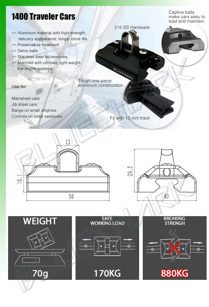 13mm Aluminum Traveler Track Car Marine Sailboat Hardware 1400
