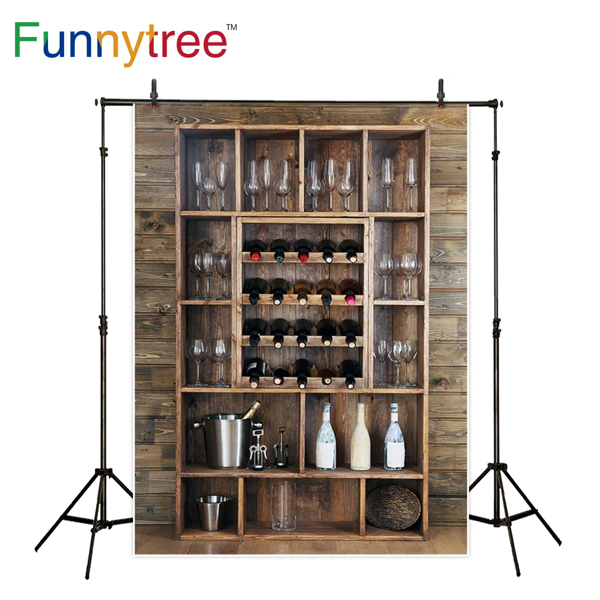 Funnytree photography backdrops Shelving wine bottles glasses wooden wall alcohol cellar bar beverage background fotografia