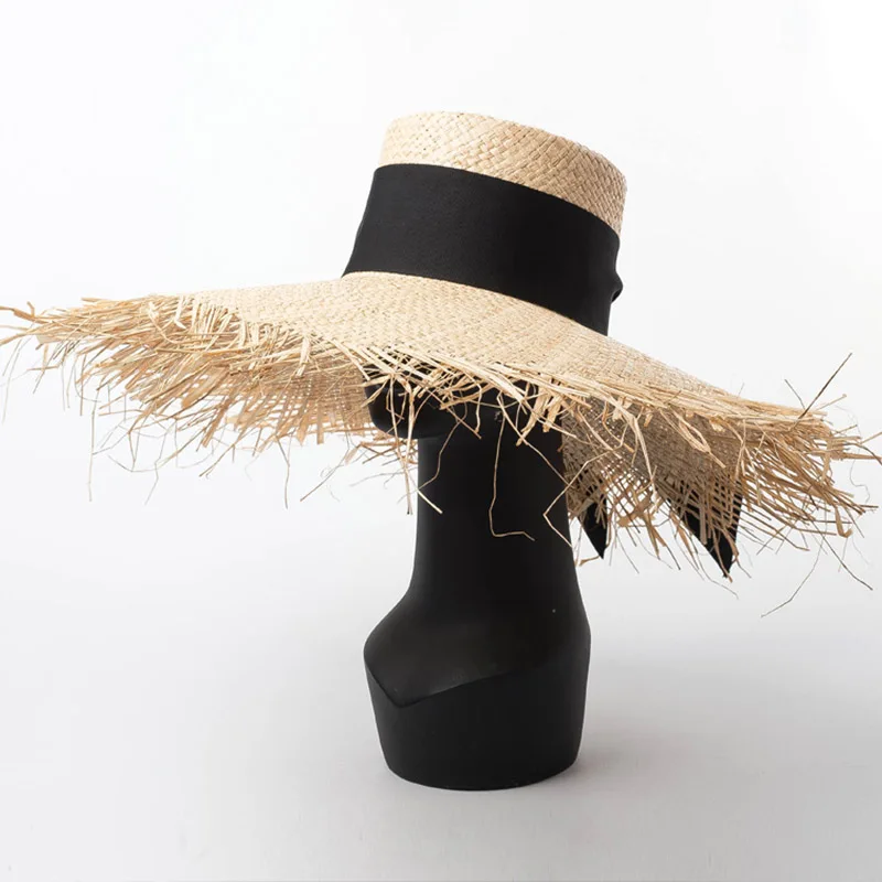 Elegant Raffia ฟลอปปี้หมวกผู้หญิงสีดําสีขาวริบบิ้นโบว์ Sun Visor หมวก Fringed Big Brim หมวกชายหาด UV ป้องกันหมวกฤดูร้อน