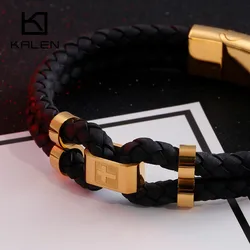 Kalen Stainless Steel Men's Bracelet Cross Cowhide Leather Cuff Wristband Bracelets For Men Hip Hop Esposas Jewelry