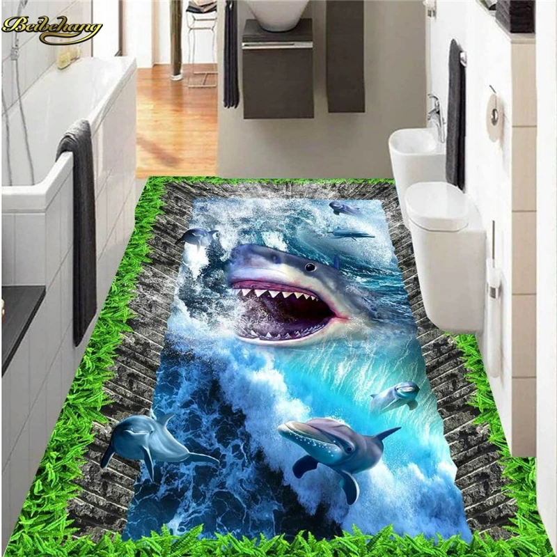 

beibehang Custom Photo 3D Floor Painting Wallpaper Shark Sea Wave Surf 3D Floor Painting papel de parede