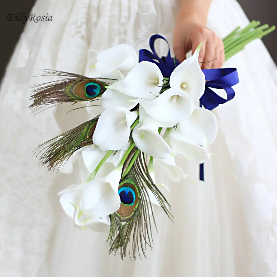 White Calla Peacock Feather Wedding Bouquet Unique Custom Artificial Flowers Royal Blue Ribbon Bridal Bouquet Broom Corsage 2018