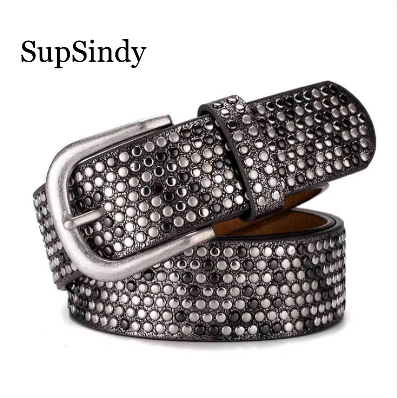 SupSindy Women Jeans Belt Punk Dot Rivets Pin Buckle Luxury Brand Lady's Original PU Leather Belts for Women Waistband Female