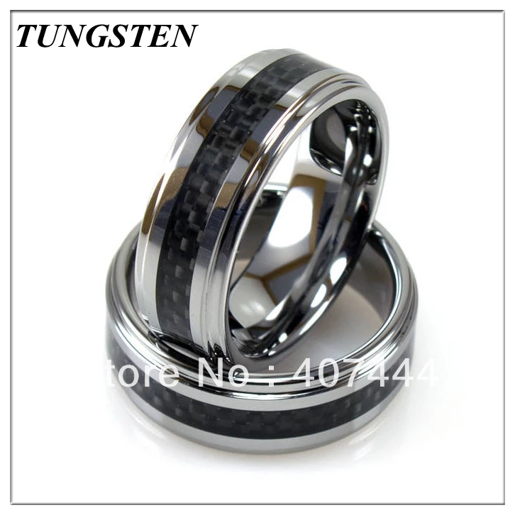 Wholesales Cheapest Price10 pieces /lot 8MM Tungsten Stepped Edged Black Carbon Fiber Ring Men's Ring Classic Wedding Ring