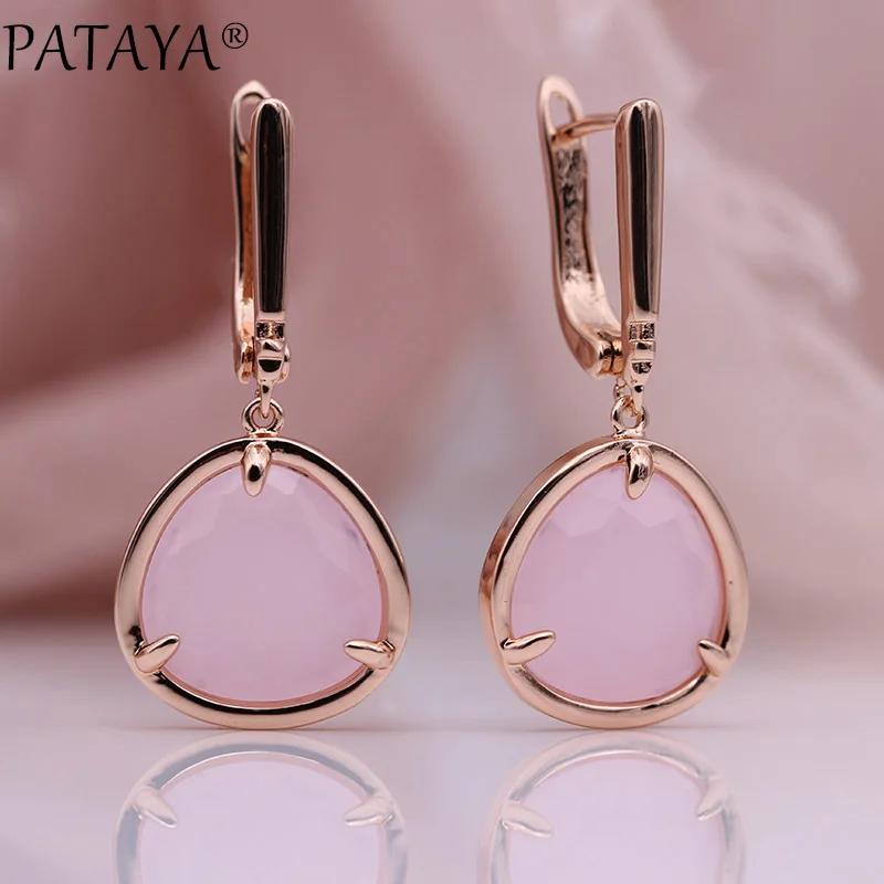 PATAYA New Triangle Long Earrings Women Simple Green Fashion Jewelry 585 Rose Gold Color Candy Unique Zircon Dangle Earrings