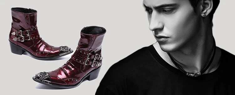 New 7.5cm High Heel Men Shoes Pointed Toe Black Patent Leather Dress Ankle Boots Men Party Zapatos De Hombre, Big Sizes 38-46