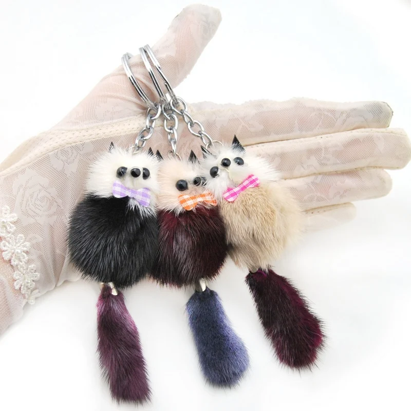 New Cute Girls Fluffy Rabbit Fur Pompom Raccoon Keychain Women Genuine Fur Bear Key Chain Pom Pom Bag Car Trinket Party Gift