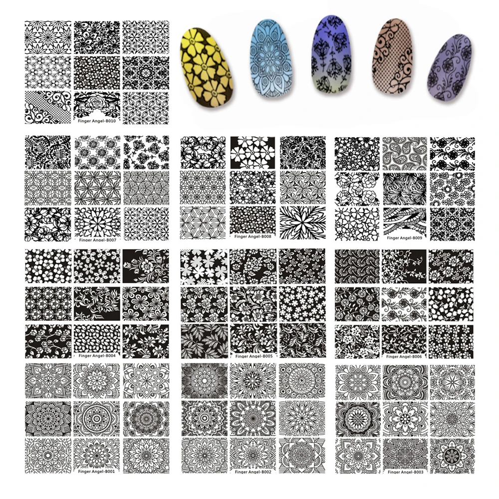 Finger Angel B001-010 10PCS 6*8 Nail  Stamping Plates DIY Nail Template + 1 Set Mini Nail Stamper Transfer Nail Art Tools