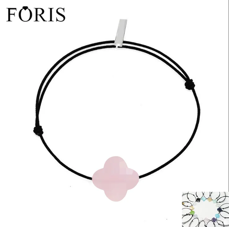 FORIS Brand Jewelry Handmade 925 Sterling Silver Black Rope Four Leaf Clover Crystal Charm Bracelets For Girl Child PB021